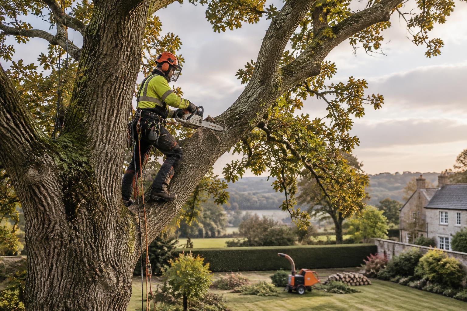 Tree surgeon pruning a mature oak with a chainsaw in a UK garden, wood chipper and logs below